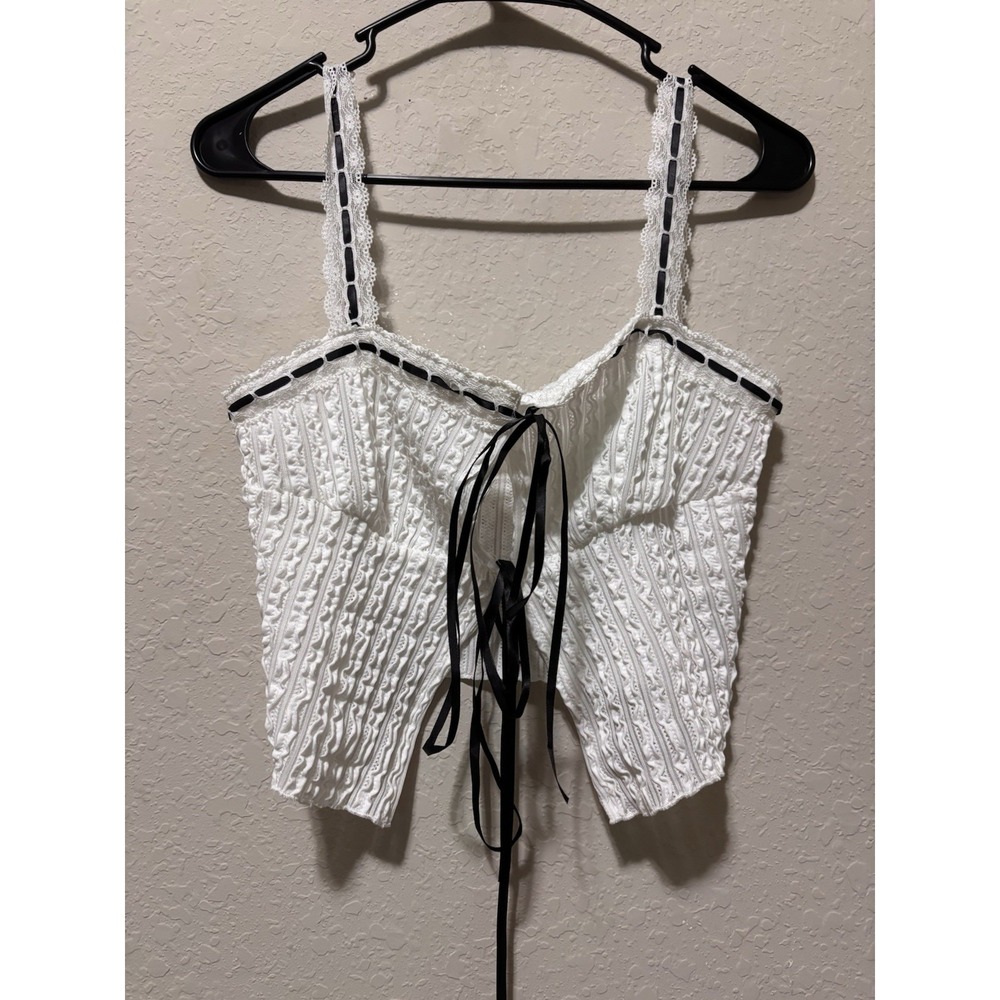 Y2K White Pointelle Ruffle Coquette Top Sz M Satin Bow Lace Trim Cami Fairy - Picture 3 of 9